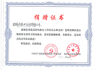 ?？h伾山街道辦事處《防汛救災(zāi)捐贈證書》